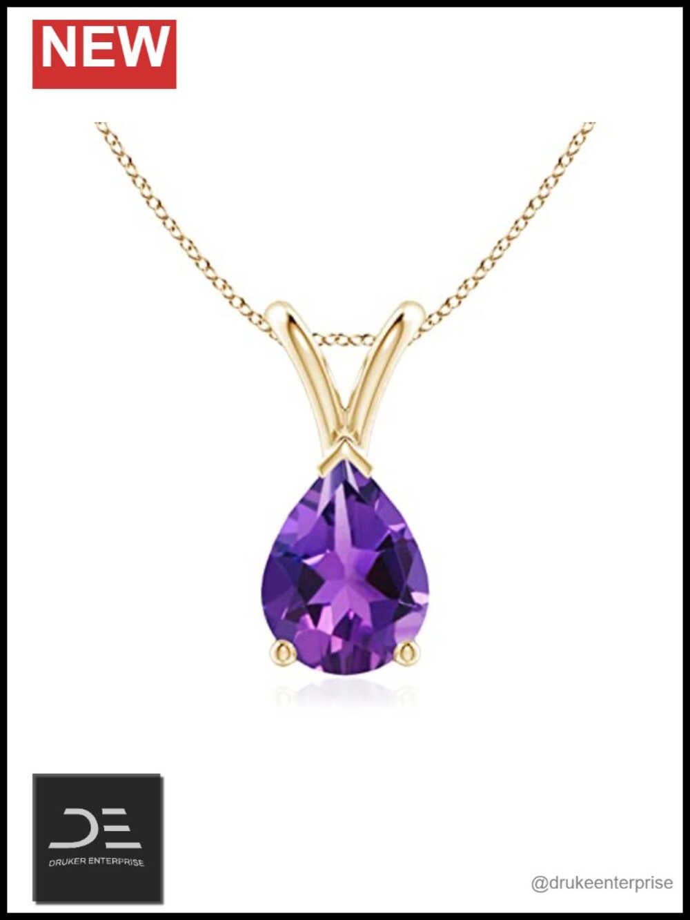 14k Yellow Gold Pear Amethyst Solitaire Pendant Necklace 18" Prong Set